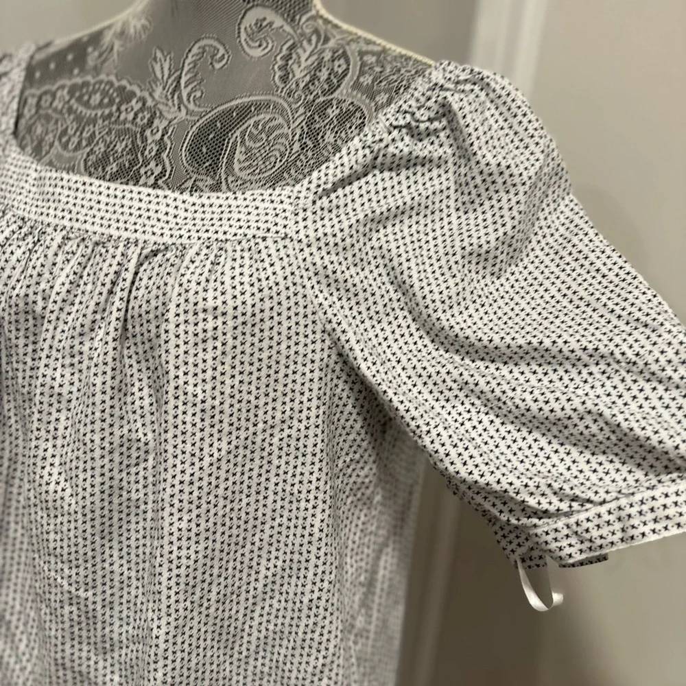 LOFT Sz: L Jacquard Puff Sleeve Square Neck Top Linen Blend Cross Repeat Pattern